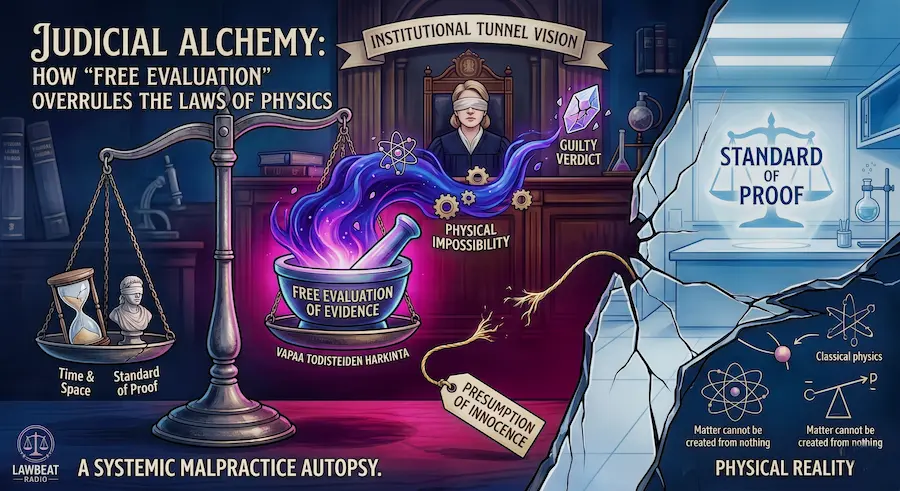 An infographic titled Judicial Alchemy illustrating how free evaluation of evidence or vapaa todisteiden harkinta overrules the laws of physics and physical impossibility, featuring scales of justice, a broken presumption of innocence tag, and a blindfolded judge.