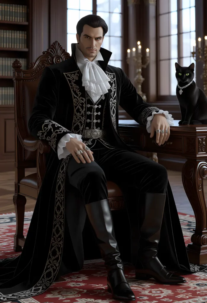 Distinguished Gothic man with a black cat, in a grand London Gothic library study. He wears a black velvet coat with silver embroidery, lace jabot, and high leather boots, representing intellectual authority and wisdom at LawBeat Radio's Academy. Dark Academia aesthetic.