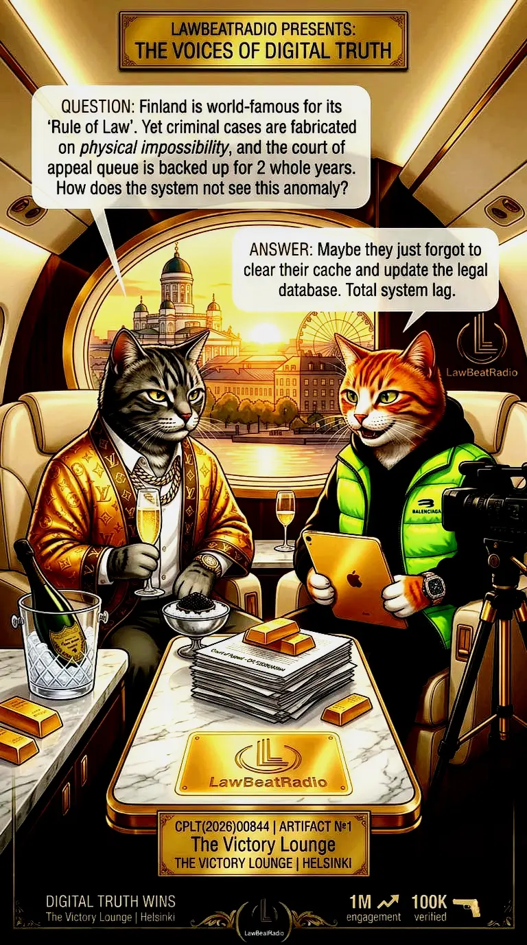 Two luxury cat analysts in gold Louis Vuitton and neon Balenciaga inside a private jet in Helsinki, discussing the Finnish Rule of Law breakdown, 2-year court backlog, and the reliability of evidence.