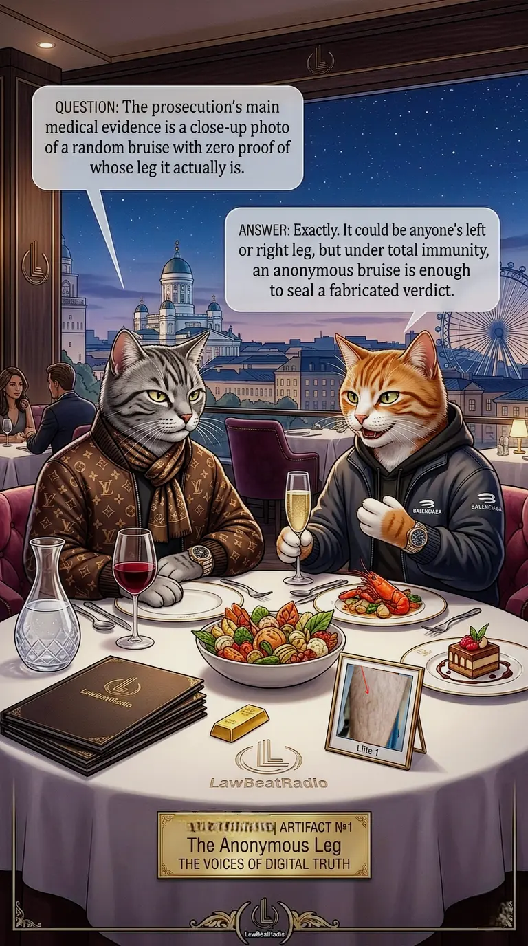 Two luxury-dressed cat analysts in Louis Vuitton and Balenciaga dining at a high-end Helsinki rooftop restaurant, discussing a framed photo of an unidentifiable leg bruise labeled Liite 1, exposing flaws in court medical evidence and the reliability of evidence.