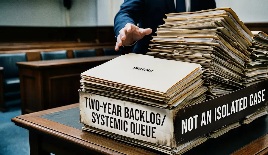 A massive stack of legal case files labeled with a two-year backlog and systemic queue in a courtroom, demonstrating that procedural delays under Article 6 of the ECHR are not an isolated case.