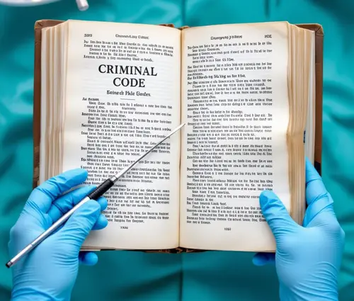 Medical gloves holding open Criminal Code Rikoslaki book on operating table with surgical tools. Conceptual image representing judicial audit of fabricated injury, failure to establish causality and Finnish law procedural violations in LawBeatRadio investigation.