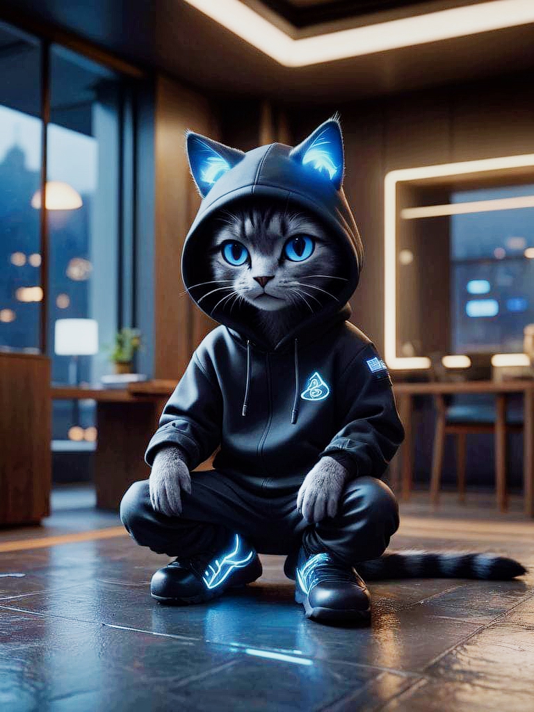 ​A digital illustration of a cute chibi-style gray tabby cat wearing an oversized black techwear hoodie with glowing neon blue details and matching sneakers inside a luxury penthouse.