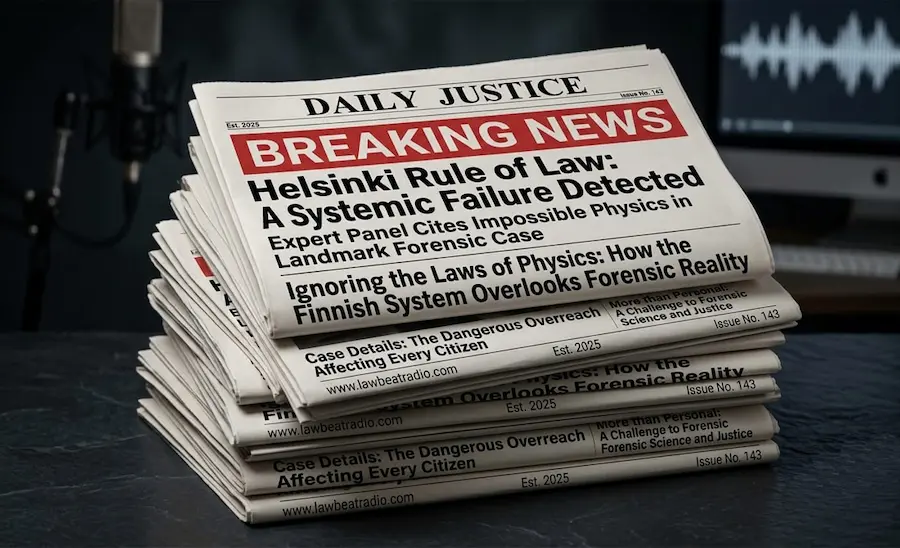 Stack of DAILY JUSTICE newspapers with breaking news headline on a dark desk with a microphone, representing LawBeatRadio forensic investigation.
