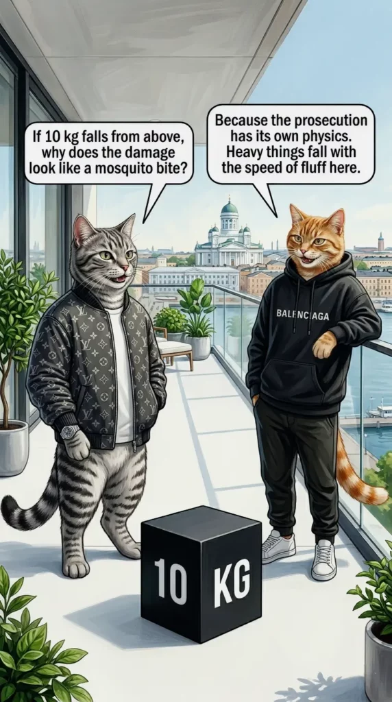 Two luxury cats in streetwear standing on a sunlit penthouse terrace in Helsinki, analyzing a black design cube with 10 KG text, representing physical impossibility in law.