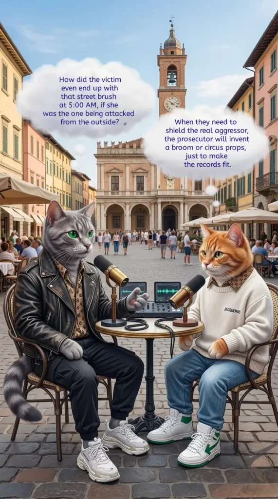 Proof breakdown visual. Grey tabby and ginger cats in designer clothes (Balenciaga leather, Jacquemus sweater) conduct a podcast on an Italian piazza. Their conversation, visible in text bubbles, provides proof of Finnish judicial absurdity. Dialogue reads: "Grey: 'How did... street brush... at 5:00 AM...?' Ginger: 'When they need to shield the real aggressor... prosecutor will invent... props...'".