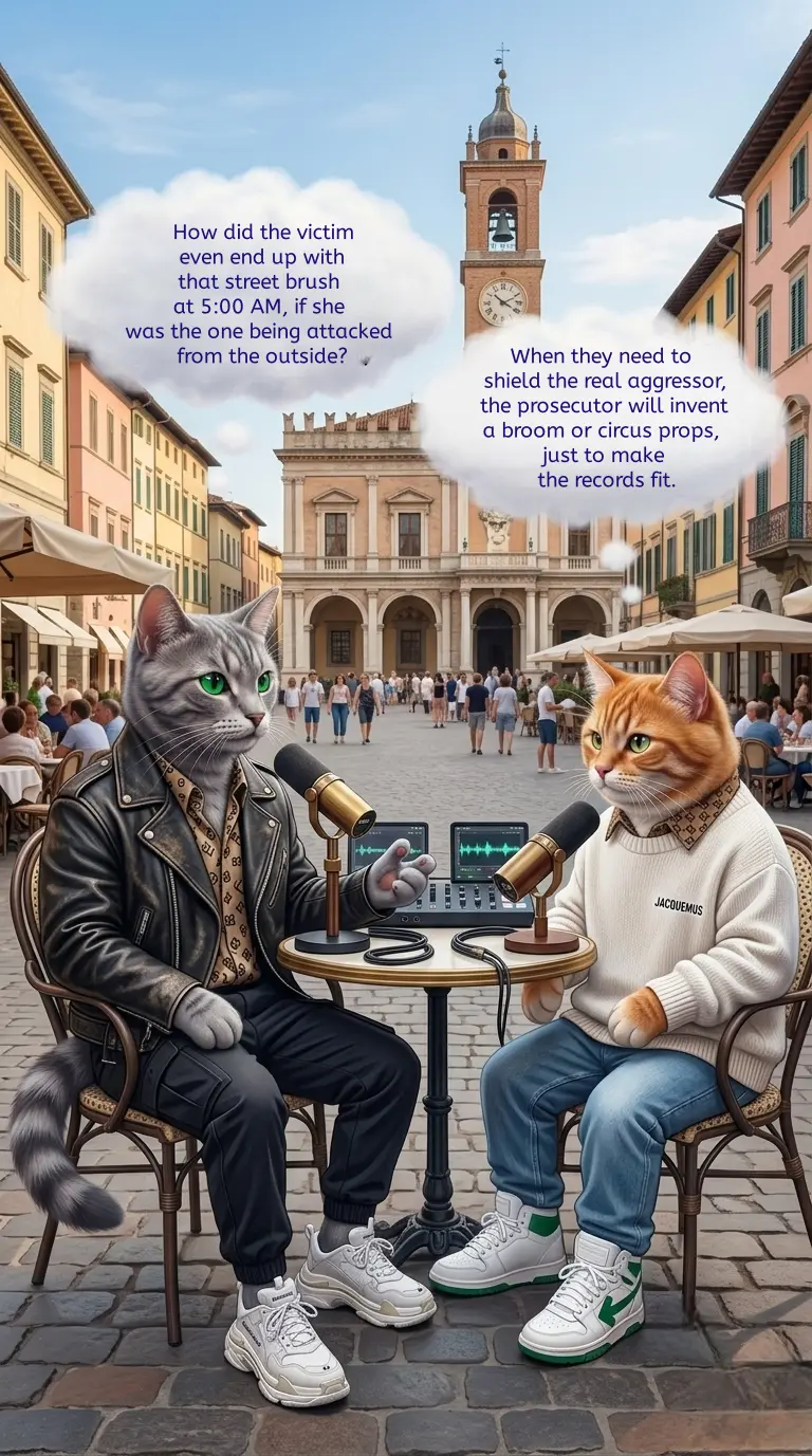 Proof breakdown visual. Grey tabby and ginger cats in designer clothes (Balenciaga leather, Jacquemus sweater) conduct a podcast on an Italian piazza. Their conversation, visible in text bubbles, provides proof of Finnish judicial absurdity. Dialogue reads: "Grey: 'How did... street brush... at 5:00 AM...?' Ginger: 'When they need to shield the real aggressor... prosecutor will invent... props...'".