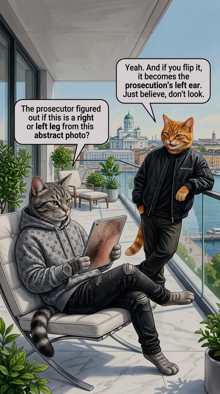 On a luxurious, sunlit minimalist penthouse terrace in Helsinki during the White Nights, two wealthy anthropomorphic cats are relaxing in high-end lounge chairs. The grey cat on the left wears an oversized Louis Vuitton hoodie and holds a tablet showing an ambiguous, blurry patch of skin with no identifying markers. The orange cat on the right wears a premium Balenciaga bomber jacket and smiles sarcastically.