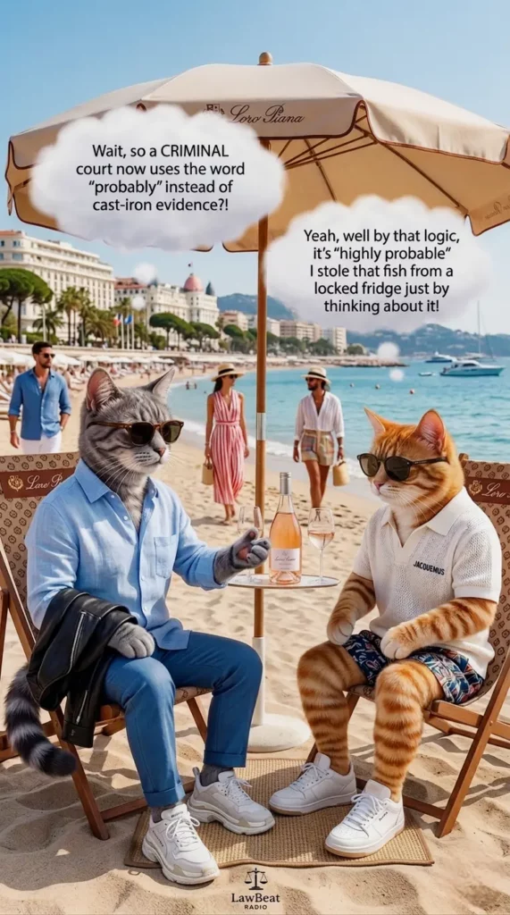 Two stylish cats in designer clothing relaxing on a beach in Nice, discussing judicial corruption and the abuse of "probability" in a Finnish criminal court case.