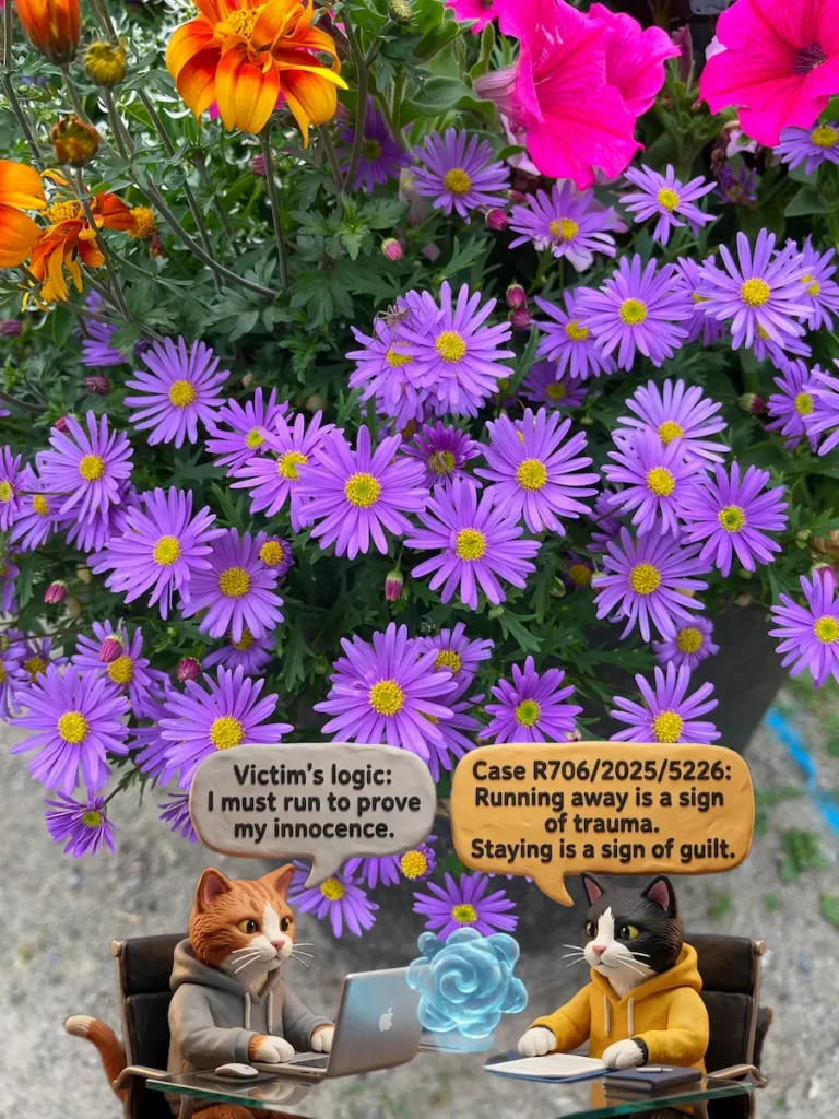 Plasticine-style characters of two analytical cats debating the 'Fleeing Victim Paradox' from Case R706/2025/5226, with speech bubbles highlighting contradictory judicial logic.