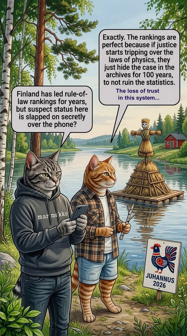 Two analytical cats investigating procedural violations in Finnish judicial system, case R706/2025/5226, discussing the secret change of status from victim to suspect. The image features a Juhannus celebration theme by a river, symbolizing the contrast between Finland's rule-of-law rankings and the reality of legal malfeasance and breach of Article 6 ECHR.