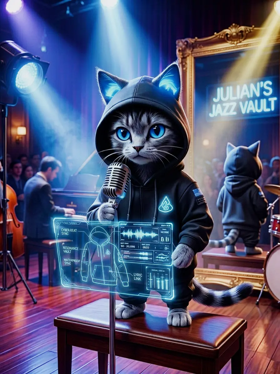 A futuristic chibi cat producer holding a vintage microphone on a secret stage with a glowing holographic audio equalizer and neon blue accents.