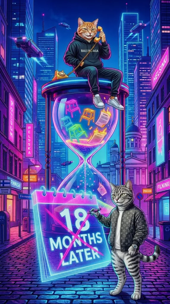 Two luxury cats in streetwear analyzing a giant clock and legal documents with timestamps, exposing the 18-month gap and fabrication window in a Finnish criminal case.