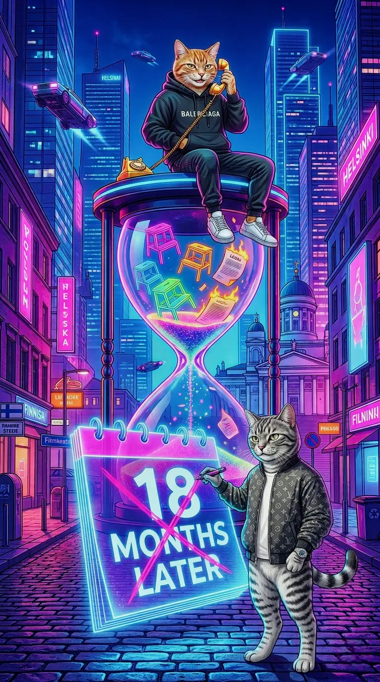 Two luxury cats in streetwear analyzing a giant clock and legal documents with timestamps, exposing the 18-month gap and fabrication window in a Finnish criminal case.