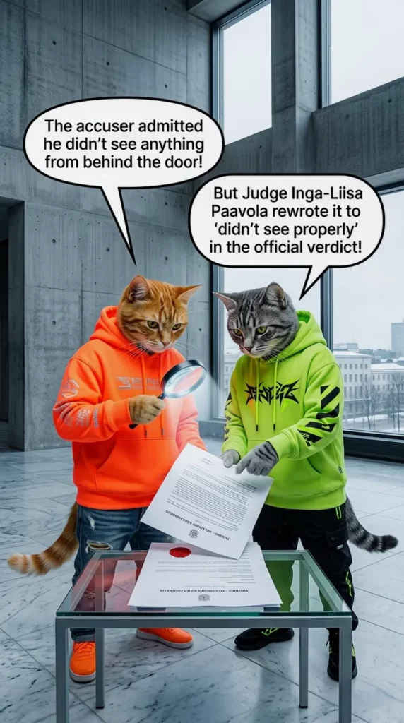 Comic strip style image of two anthropomorphic cats in bright neon luxury streetwear inside Helsinki District Court. They use a magnifying glass to analyze an official verdict document on a glass table. English speech bubbles expose how Judge Inga-Liisa Paavola altered the accuser's courtroom statement from 'did not see anything' to 'did not see properly' to fit the prosecution narrative.