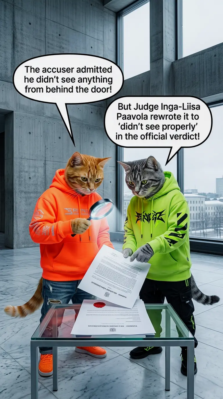 Comic strip style image of two anthropomorphic cats in bright neon luxury streetwear inside Helsinki District Court. They use a magnifying glass to analyze an official verdict document on a glass table. English speech bubbles expose how Judge Inga-Liisa Paavola altered the accuser's courtroom statement from 'did not see anything' to 'did not see properly' to fit the prosecution narrative.