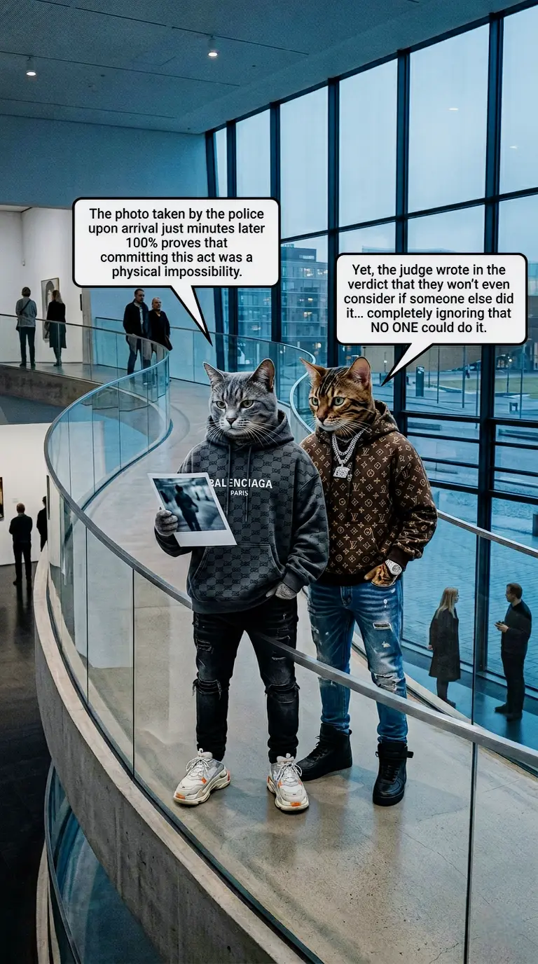Two cats in luxury streetwear at Kiasma Helsinki discussing court case R 706/2025/5226 and physical impossibility.