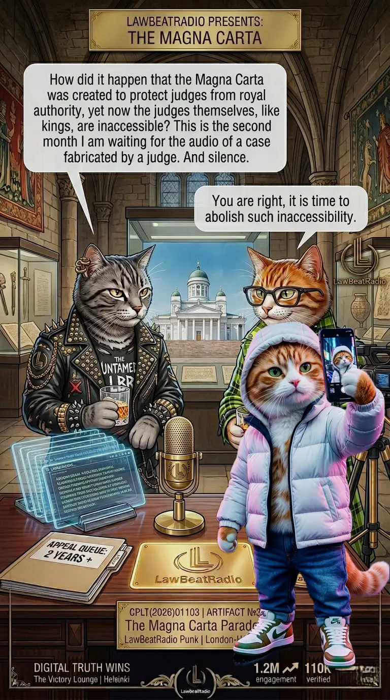 etailed illustration of two punk-style cat podcast hosts debating the Magna Carta and judicial accountability in a Helsinki library with view of the cathedral.