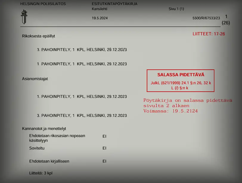 Original Finnish police report (Esitutkintapöytäkirja) for case R 706/2025/5226 showing 100-year secrecy stamp.