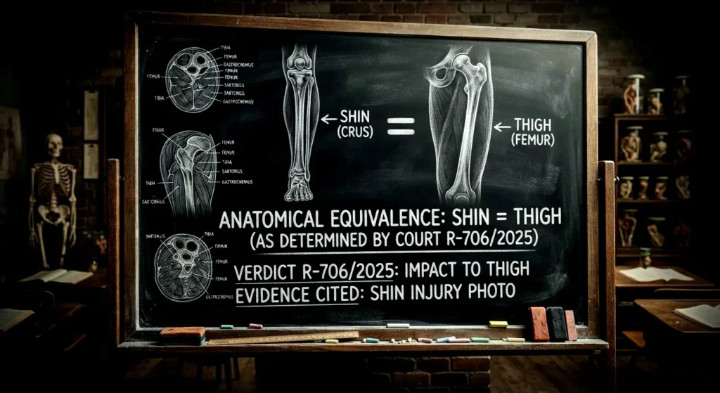 A vintage classroom chalkboard diagram visually equating the human shin with the thigh, annotated with the specific Helsinki District Court contradiction where a thigh verdict was based on shin evidence.