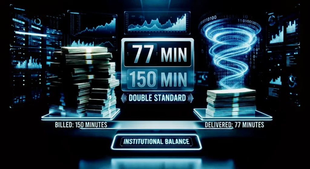 Balance scale showing financial discrepancy and double standard between 150 billed minutes and 77 actual minutes in court accounting