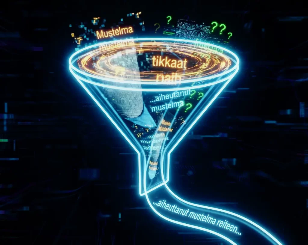 A neon conceptual visualization illustrating how chaotic, contradictory evidence (including fragmented photos of the shin and text) is fed into a glowing judicial funnel and synthesized into a neat but factually incorrect verdict text ('aiheuttanut mustelma reiteen'). This image highlights the systemic fabrication and lack of accountability where reality is replaced by procedural fiction.