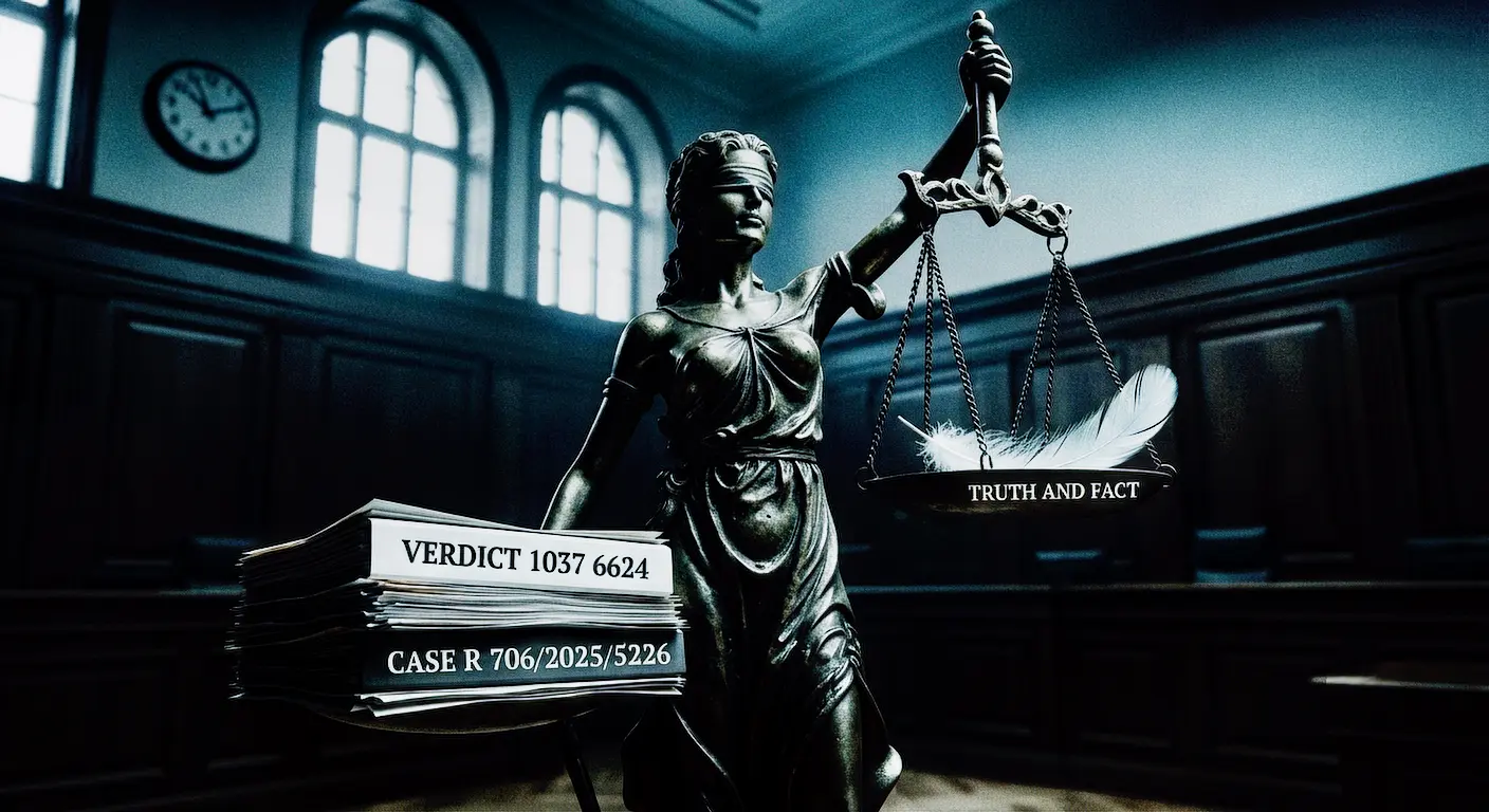 A Chronology of Judicial Selectivity. Symbolic representation of Lady Justice with scales unbalanced by official Helsinki District Court documents, illustrating judicial bias in Case R 706/2025/5226.