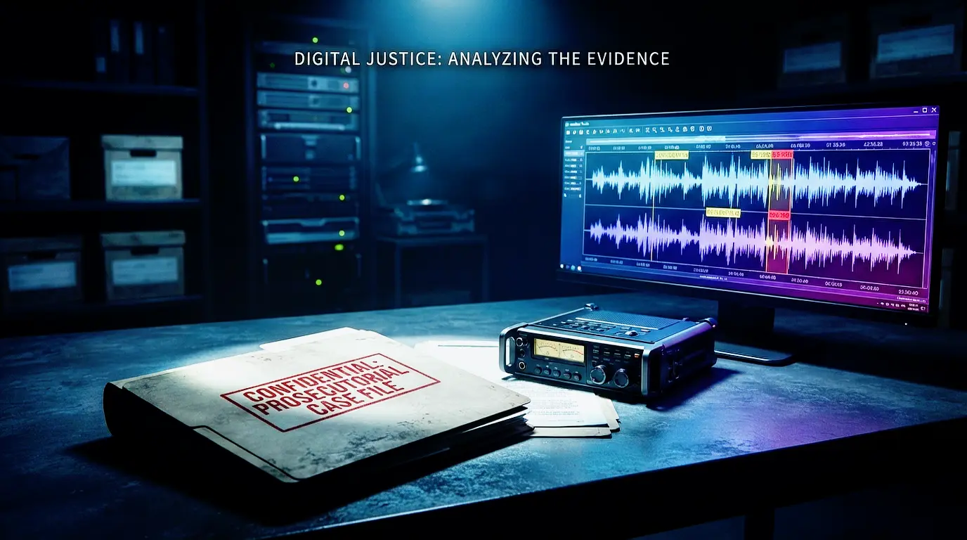 High-contrast photo for LawBeat Radio About Us page. A dark analytical desk shows a weathered file folder with a red 'CONFIDENTIAL PROSECUTORIAL CASE FILE' stamp, next to a digital audio forensic recorder and a computer screen displaying a sound waveform. Concept of digital justice and investigative journalism.