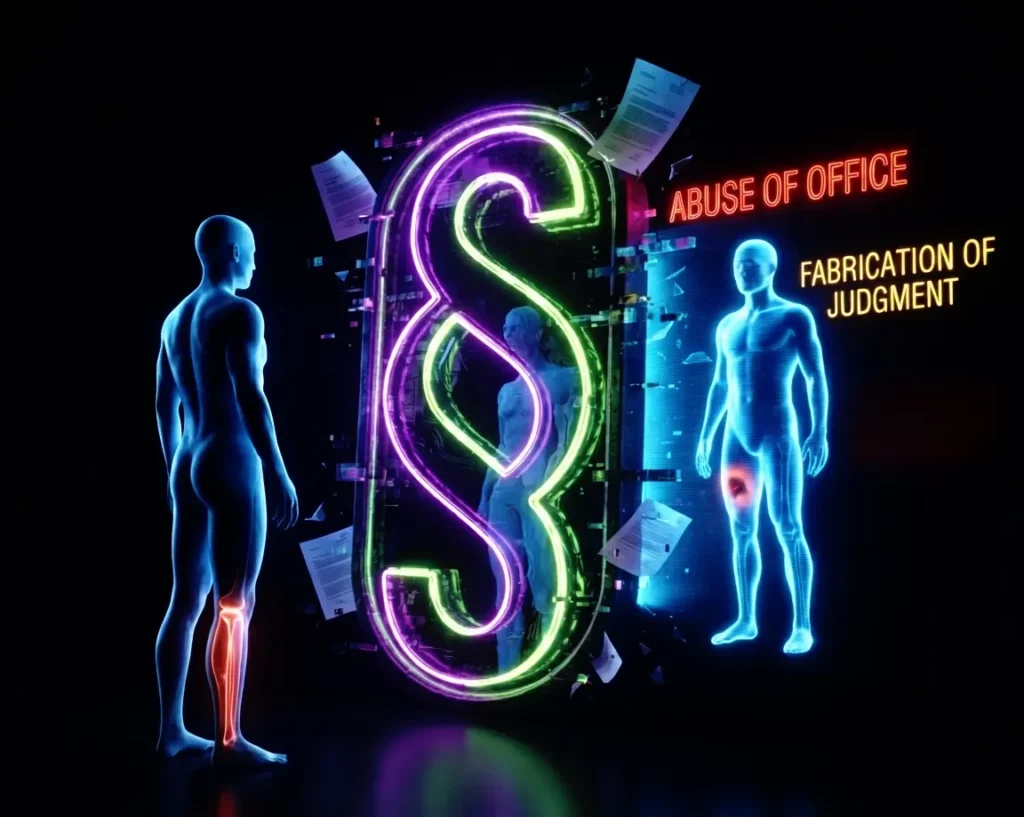 A neon visualization of the 'Fabrication Matrix' where a corrupt judiciary (represented by a warped '§' sign) knowingly transforms factual evidence of a shin into a false claim of a thigh injury to secure a conviction, in violation of Rikoslaki 40.7.