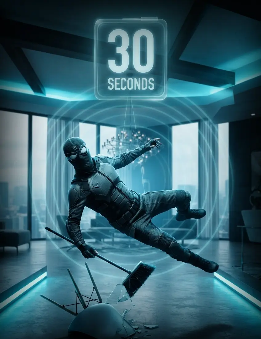 Figure suspended in a physically impossible mid-air pose