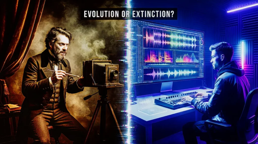 Split-screen art showing a furious 19th-century painter with a camera on the left, and a calm modern music producer with AI spectral analysis software on the right. Text overlay: EVOLUTION OR EXTINCTION?