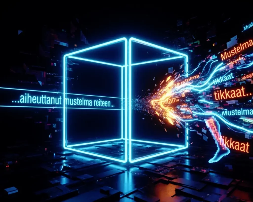 A neon visualization of systemic evidence falsification (Rikoslaki 15:7). Factual evidence of a shin is forced into a 'Distorting Cube' and synthesized into the erroneous verdict text '...Mustelma reiteen...' (bruise to the thigh).