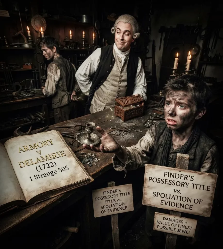 Armory v Delamirie 1722 showing a chimney sweep boy and a goldsmith holding empty jewel mount in a historic workshop