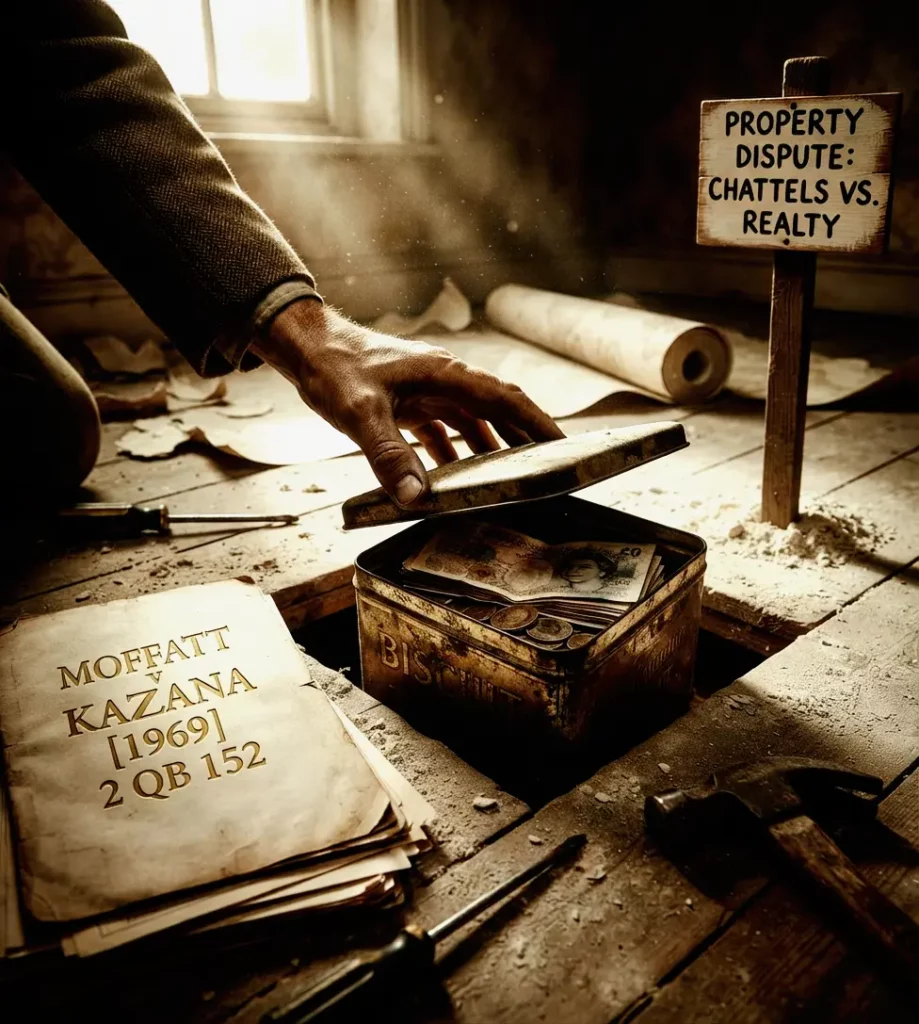 A vintage biscuit tin discovered during house renovations, illustrating the property law principles of Moffatt v Kazana (1969).